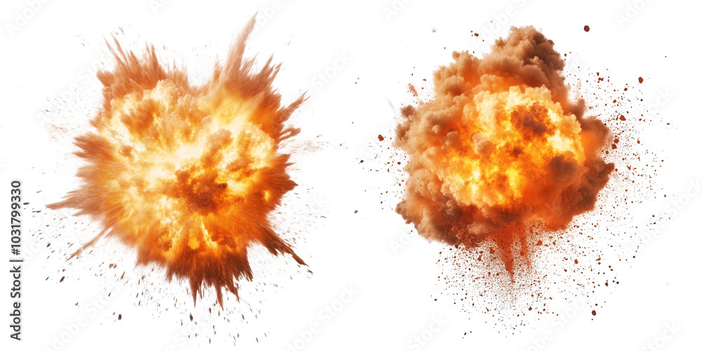 Massive Blast with Flames and Churning Smoke, Realistic Pyrotechnic Scene with Flying Debris, Isolated on a Transparent Background Massive Blast with Flames and Churning Smoke, Realistic Pyrotechnic Scene with Flying Debris, Isolated on a Transparent Background