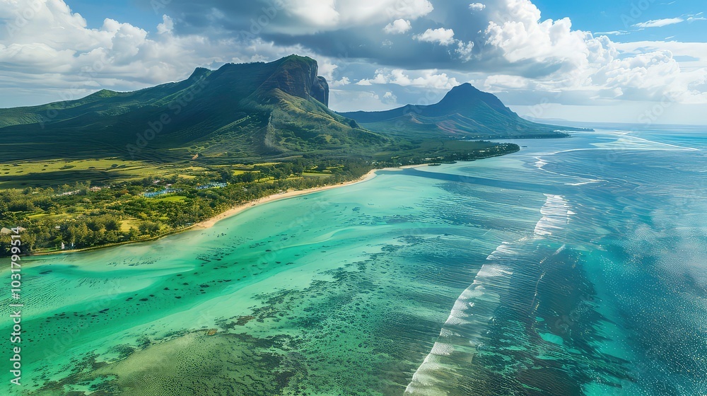 Fototapeta premium An aerial view of a tropical island with mountains, a coastline, and turquoise water with whitecaps.
