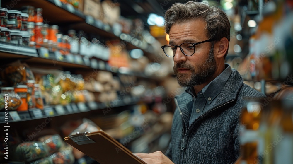 Manager inspecting products in the grocery store while checking invoices. Manager inspecting products in the grocery store while checking invoices.