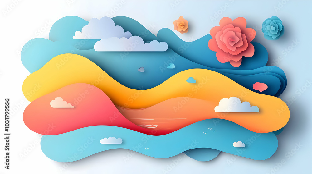 Abstract Paper Cut Landscape with Flowers and Clouds. Abstract Paper Cut Landscape with Flowers and Clouds.