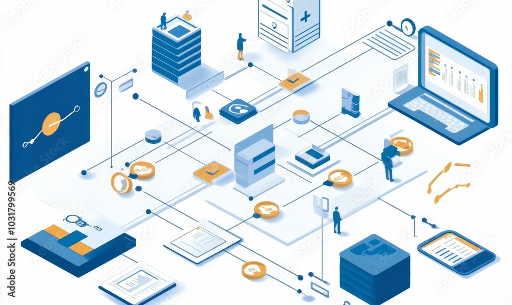 Isometric network of data and technology.