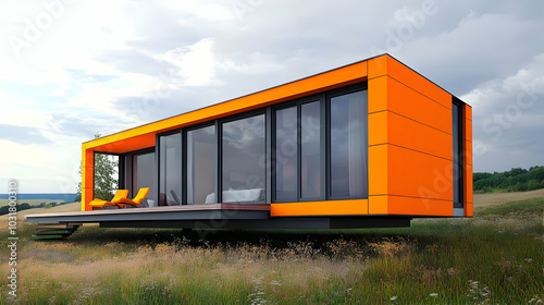 Modern Orange House on Grassy Field.
