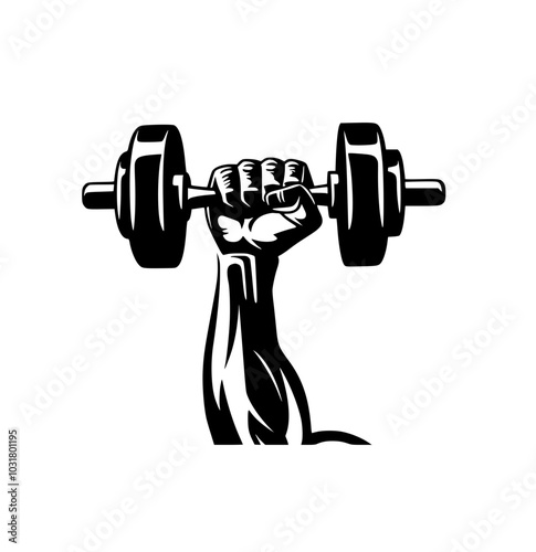 Muscular arm lifting dumbbell in silhouette, Black-and-white silhouette of a muscular arm holding a dumbbell, symbolizing strength, fitness, and weightlifting, isolated on a white background.

