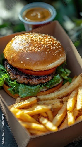  Close-up of burger and fries delivered in eco-friendly, compostable container, with fresh lettuce, tomato, and melted cheese spilling from the bun, showcasing a delicious, sustainable meal. photo