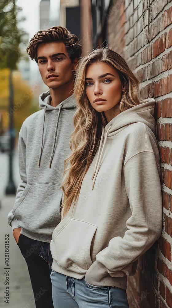 Naklejka premium Casual portrait of two young people in hoodies, standing against a brick wall, representing urban street style and relaxed modern fashion.