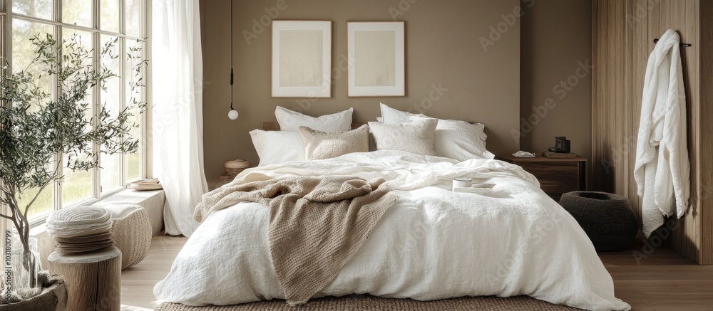 A neatly made bed with white linen sheets, a brown throw blanket, and decorative pillows in a minimalist bedroom with natural light. A neatly made bed with white linen sheets, a brown throw blanket, and decorative pillows in a minimalist bedroom with natural light.