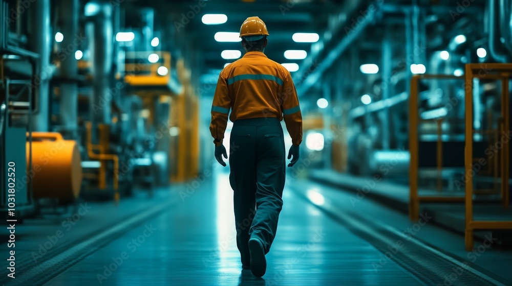 Male industrial worker in orange uniform and helmet walking through a brightly lit factory. Male industrial worker in orange uniform and helmet walking through a brightly lit factory.