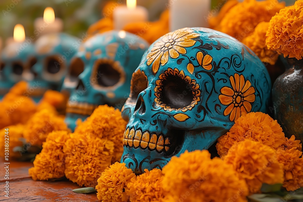 a blue skull with yellow flowers around it
a blue skull with yellow flowers around it
