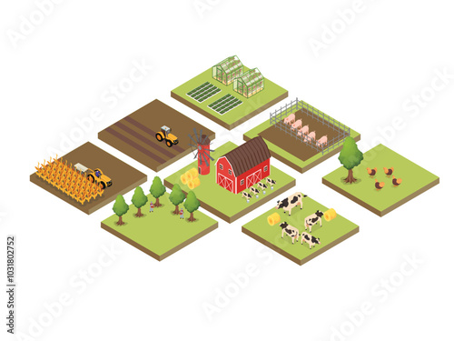 Farm Scene with Crops, Animals, and Machinery 3d isometric vector illustration