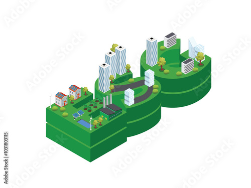 Sustainable City with Green Energy and Eco-Friendly Infrastructure 3d isometric vector illustration