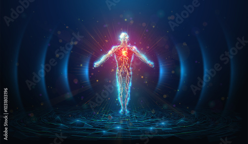 Abstract illustration of human body silhouette made of glowing neon particles. Blue geometric background depicting meditation, yoga and health care concept. Digital wallpaper