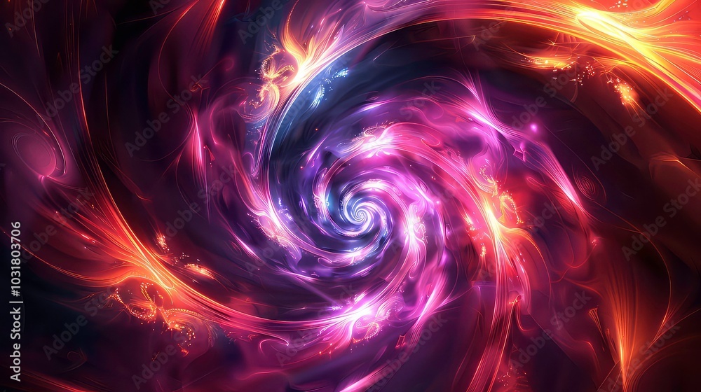 A digitally generated abstract image featuring a swirling, luminescent pattern in vibrant shades of purple, gold, and orange. A digitally generated abstract image featuring a swirling, luminescent pattern in vibrant shades of purple, gold, and orange.