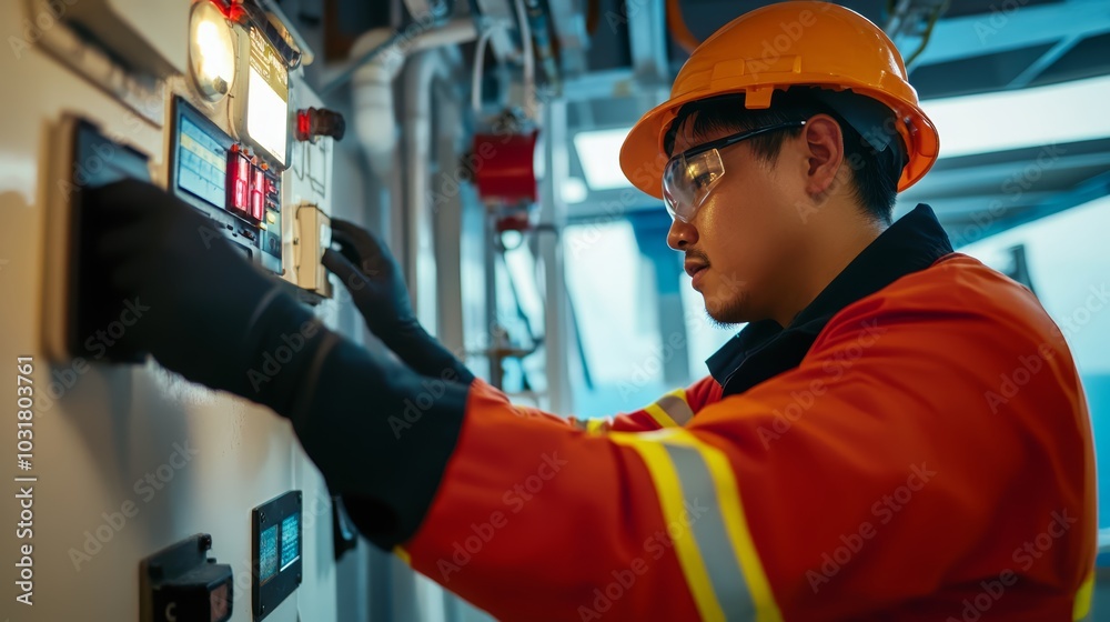 Focused Asian male engineer monitoring machinery controls in an industrial setting.