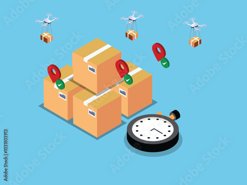 Fast Delivery and Drone Shipping with Time Management and Tracking 3d isometric vector illustration