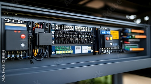 A close-up of an industrial power control box with safety labels, wiring, and leakage detection systems.  photo