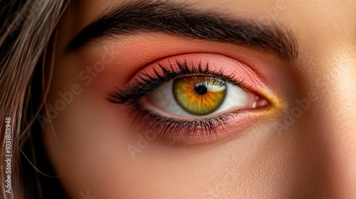  Close-up of woman's left eye with vibrant orange-yellow eye shadow