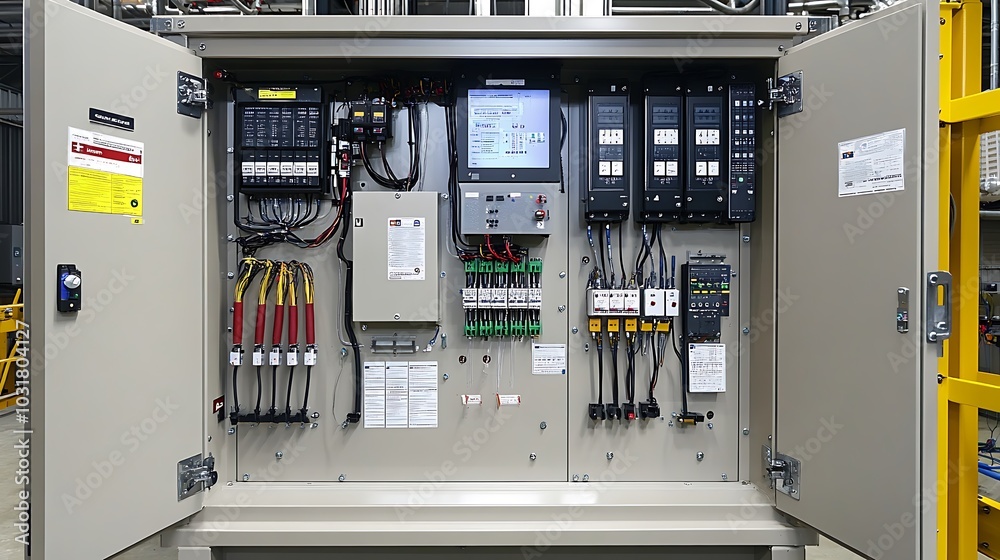 Wire Control Box A close-up of an industrial power control box with safety labels ...