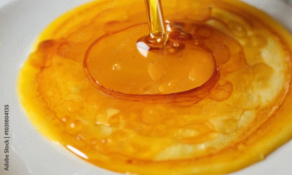 A close-up shot of honey being drizzled on a pancake. A close-up shot of honey being drizzled on a pancake.