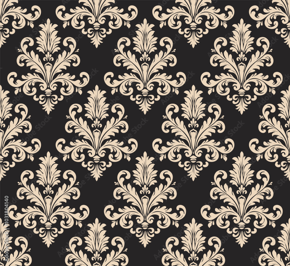 Antique damask style vintage seamless ornament in beige and black featuring symmetrical floral motifs. Seamless damask pattern.