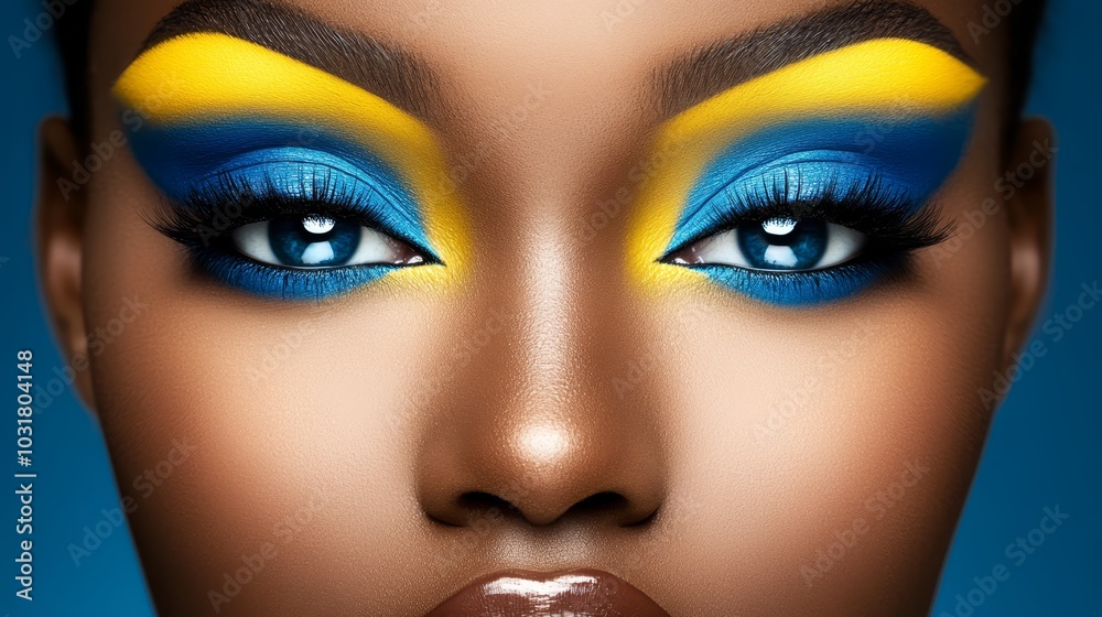 A woman wearing blue-yellow makeup on her face A woman wearing blue-yellow makeup on her face