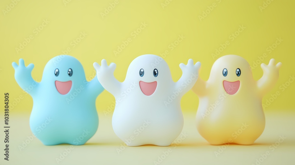 Three cheerful ghost toys in pastel colors on a bright yellow background.