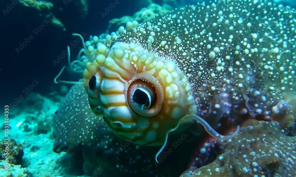 A close-up view of a sea creature with a large eye and a textured body, hiding in a coral reef. A close-up view of a sea creature with a large eye and a textured body, hiding in a coral reef.
