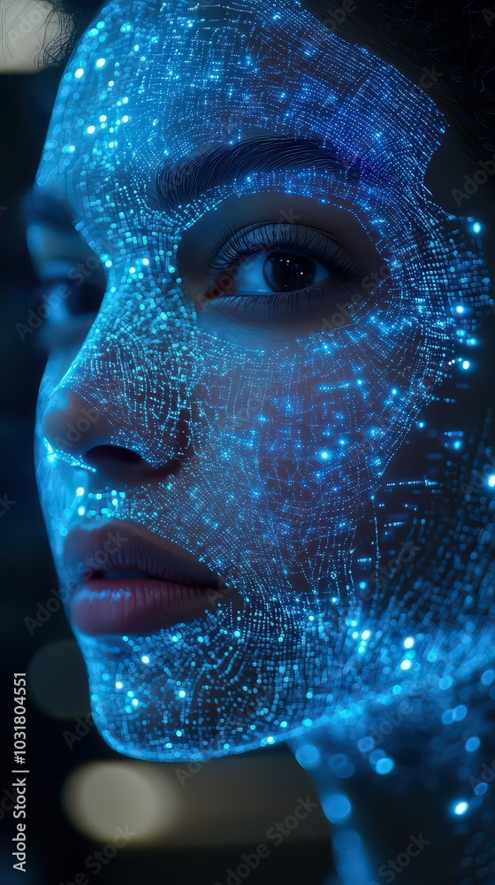Close-up of an AI-driven facial recognition system in action, with a human face being scanned by a grid of blue light, representing advanced biometric technology in use. Close-up of an AI-driven facial recognition system in action, with a human face being scanned by a grid of blue light, representing advanced biometric technology in use.