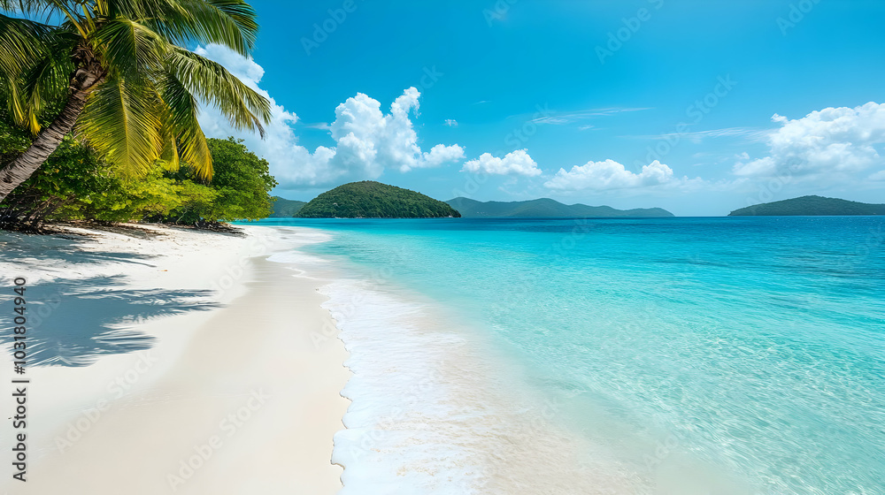 Fototapeta premium Tropical Beach with Palm Tree and Crystal Clear Water.