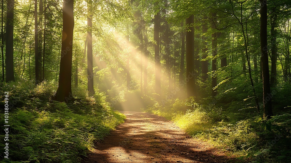 Obraz premium Serene Forest Path with Sunlight Streaming Through Trees