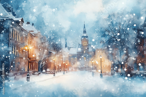 Watercolor illustration for christmas card. Evening on a snowy old European street, clock tower. Winter, snowfall. New Year's eve. Blurred illustration of paint, stains and splashes.