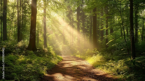 Serene Forest Path with Sunlight Streaming Through Trees