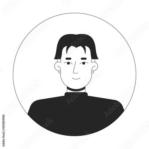 Middle part haircut korean man with stud earrings black and white 2D avatar illustration. Asian hairstyle guy turtleneck outline vector character face isolated. Round frame user profile image portrait