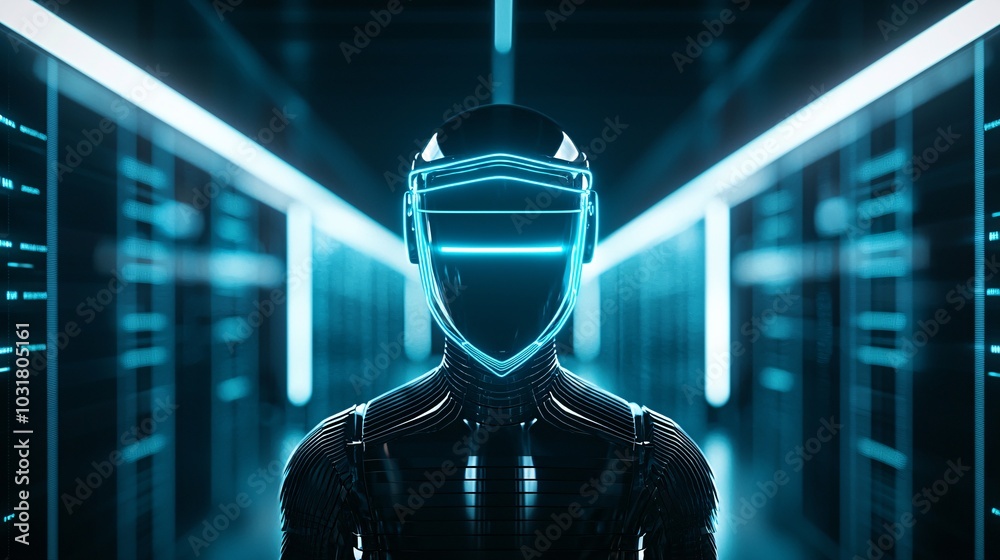 A privacy-conscious AI robot holding a glowing shield, protecting a user's personal data from incoming streams of surveillance and cyber threats. A privacy-conscious AI robot holding a glowing shield, protecting a user's personal data from incoming streams of surveillance and cyber threats.