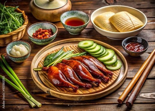 Vintage Style Peking Duck with Hoisin Sauce and Pancakes - Traditional Chinese Cuisine