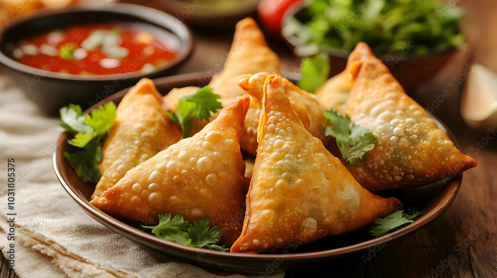 Crispy Fried Samosas with Cilantro Garnish. Crispy Fried Samosas with Cilantro Garnish.
