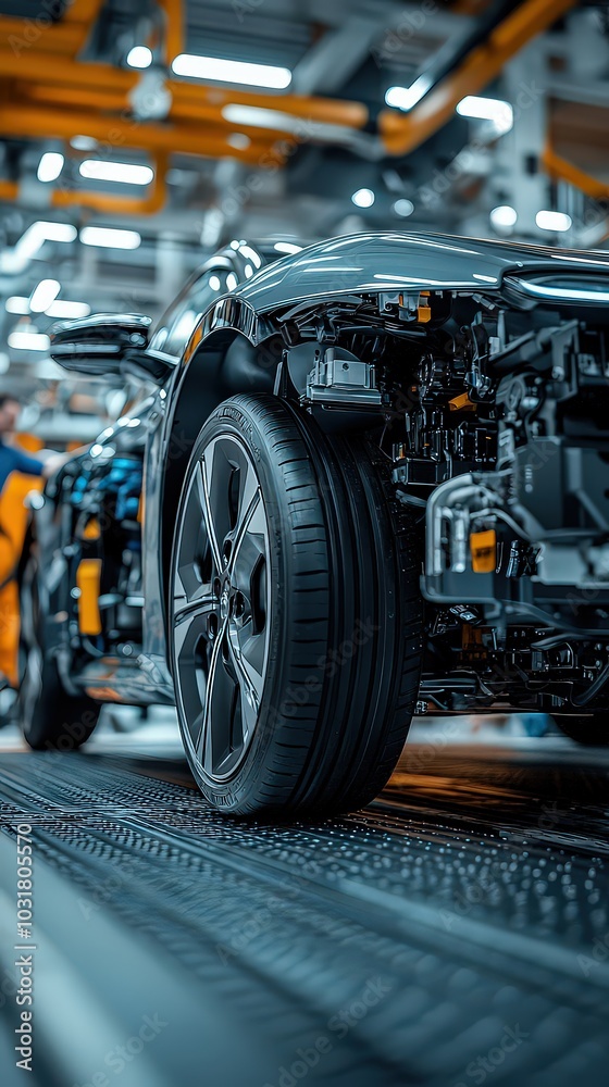 Electric car on production line in an automated factory, showcasing modern manufacturing processes and cutting-edge automotive technology. Electric car on production line in an automated factory, showcasing modern manufacturing processes and cutting-edge automotive technology.