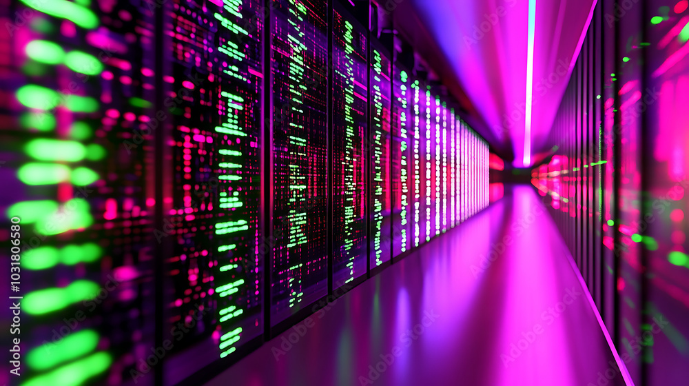 Futuristic data center with vibrant neon lights and digital patterns