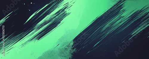 A dynamic abstract black and green background with brush strokes. AI generation.