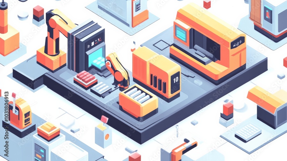 Automated Manufacturing Line in Isometric Perspective Automated Manufacturing Line in Isometric Perspective