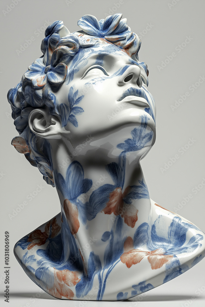 Surreal 3D illustration of porcelain ancient greek statue with colorful floral pattern. Contemporary digital art Surreal 3D illustration of porcelain ancient greek statue with colorful floral pattern. Contemporary digital art