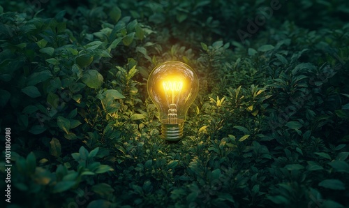 Green Energy Idea A light bulb against a lush forest backdrop, symbolizing sustainable energy and innovative ideas. Concept of green energy and environmentally, Generative AI photo