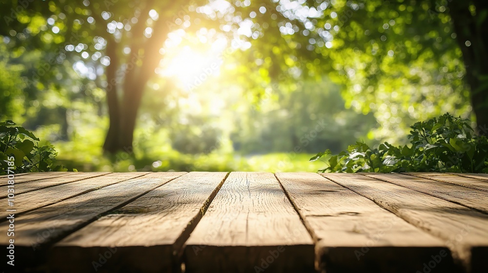 Tranquil Wooden Table in Lush Green Forest Tranquil Wooden Table in Lush Green Forest