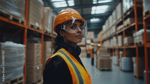 A Female Worker in a Warehouse, Focused and Ready