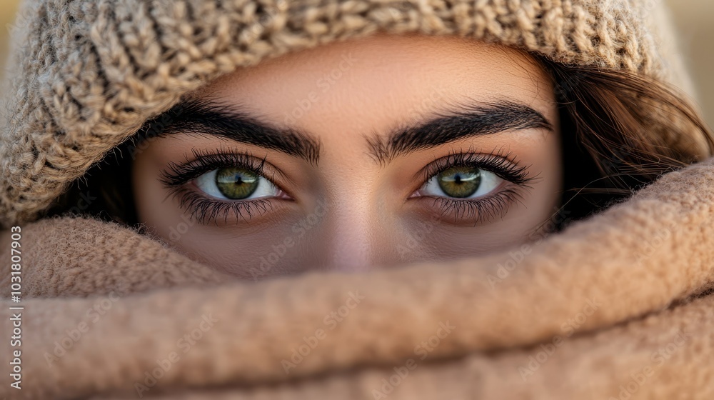 A women's face is concealed by a blanket, with a hat placed on top A women's face is concealed by a blanket, with a hat placed on top