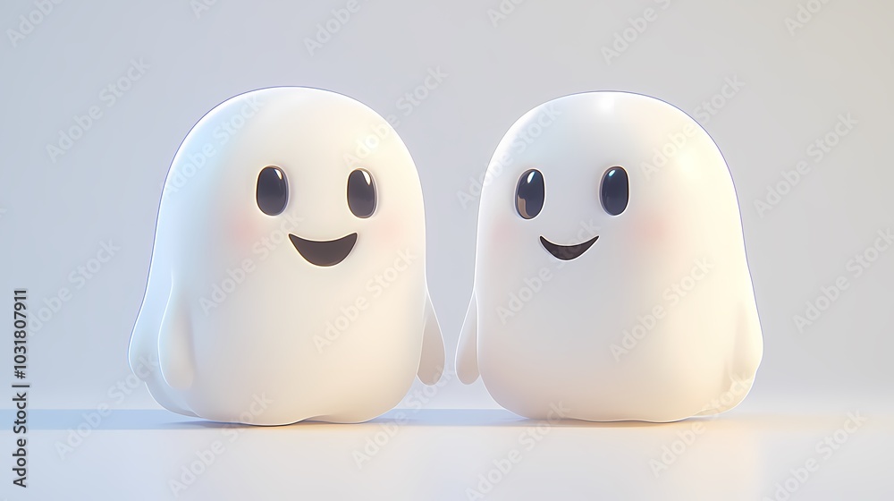 Two cute cartoon ghost characters with smiling faces. Two cute cartoon ghost characters with smiling faces.