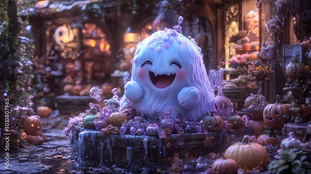 Joyful ghost character surrounded by pumpkins in a whimsical setting. Joyful ghost character surrounded by pumpkins in a whimsical setting.