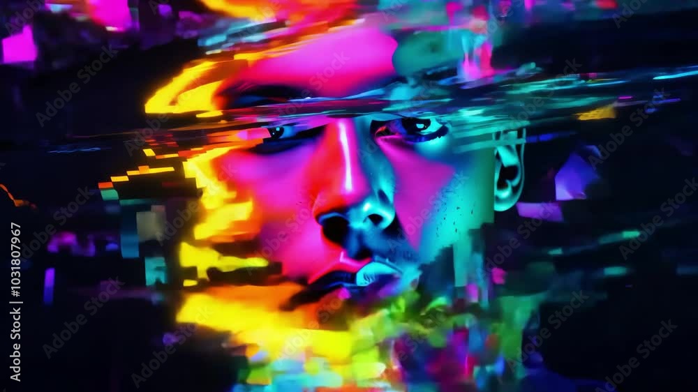 Futuristic neon portrait with digital glitch effects amidst colorful light streaks Futuristic neon portrait with digital glitch effects amidst colorful light streaks