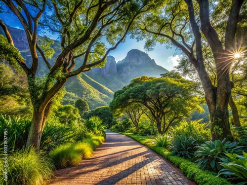 Vintage Style Photo of Paved Walkway to Mountain in Kirstenbosch National Botanical Garden, Cape Town photo