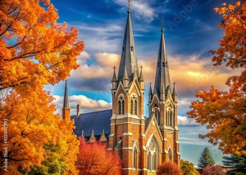 Vintage Style Photo of St John Catholic Church Spire Amidst Fall Foliage in Burlington Iowa photo