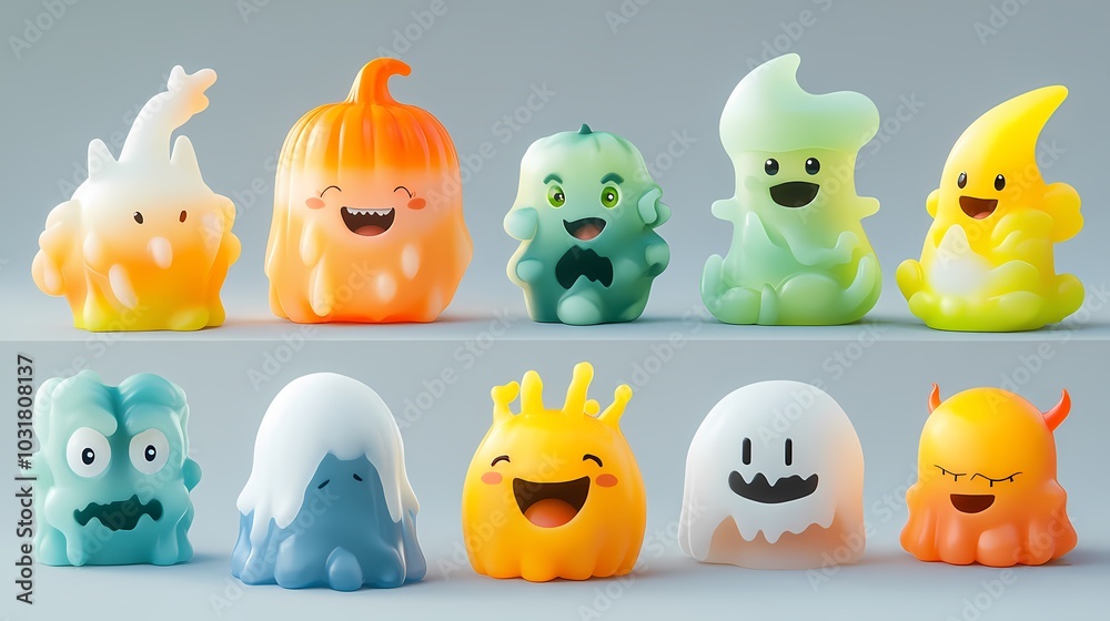 Naklejka premium Colorful, playful cartoon monsters in various shapes and expressions.